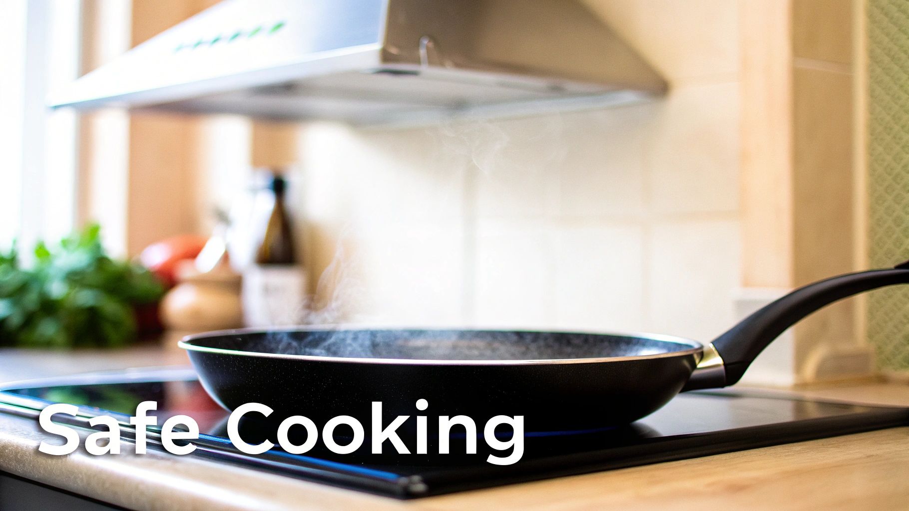 A black non-stick frying pan with steam cooking on a modern induction cooktop in a kitchen.