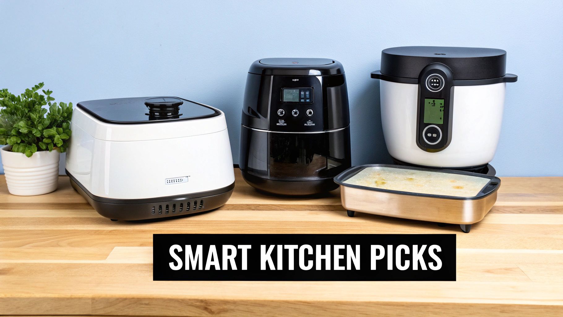 A sleek air fryer on a modern kitchen counter