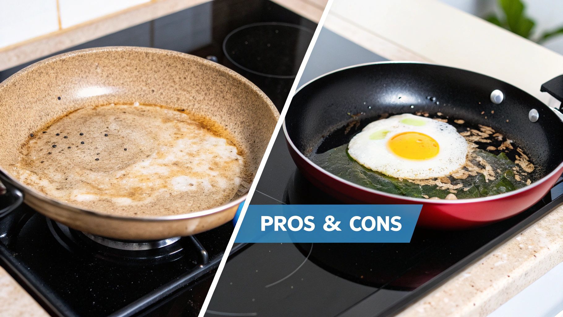 Two pans on electric stoves: one dirty ceramic pan, one red pan with a fried egg, illustrating pros and cons.