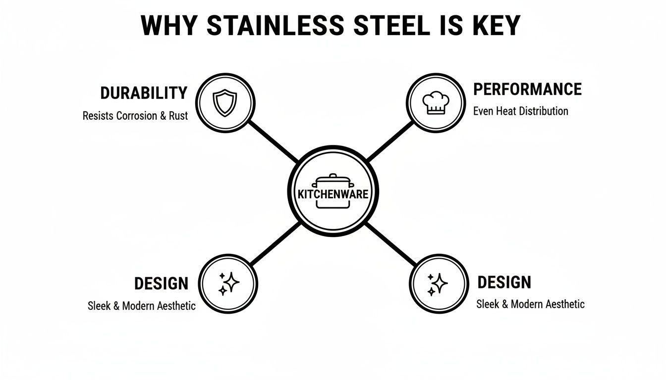Diagram illustrating the key benefits of stainless steel for kitchenware: durability, performance, and modern design.