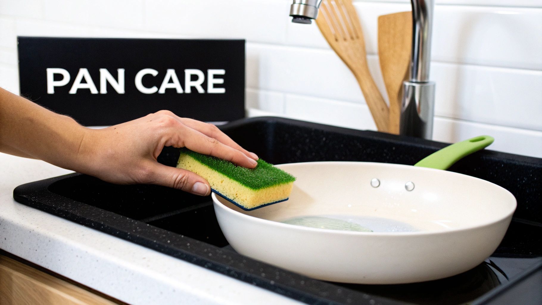 A hand scrubs a light-colored frying pan in a black kitchen sink with a green and yellow sponge, next to a “PAN CARE” sign.