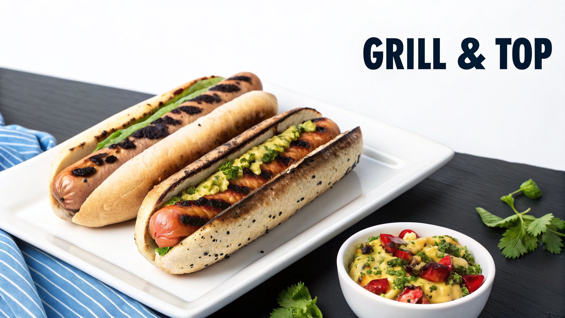 Three grilled hot dogs with charred marks on toasted buns with toppings and side salad