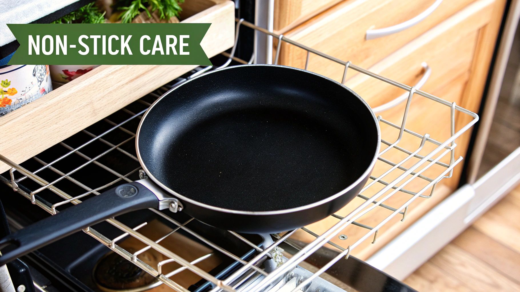 A person washing a non-stick pan by hand in a kitchen sink