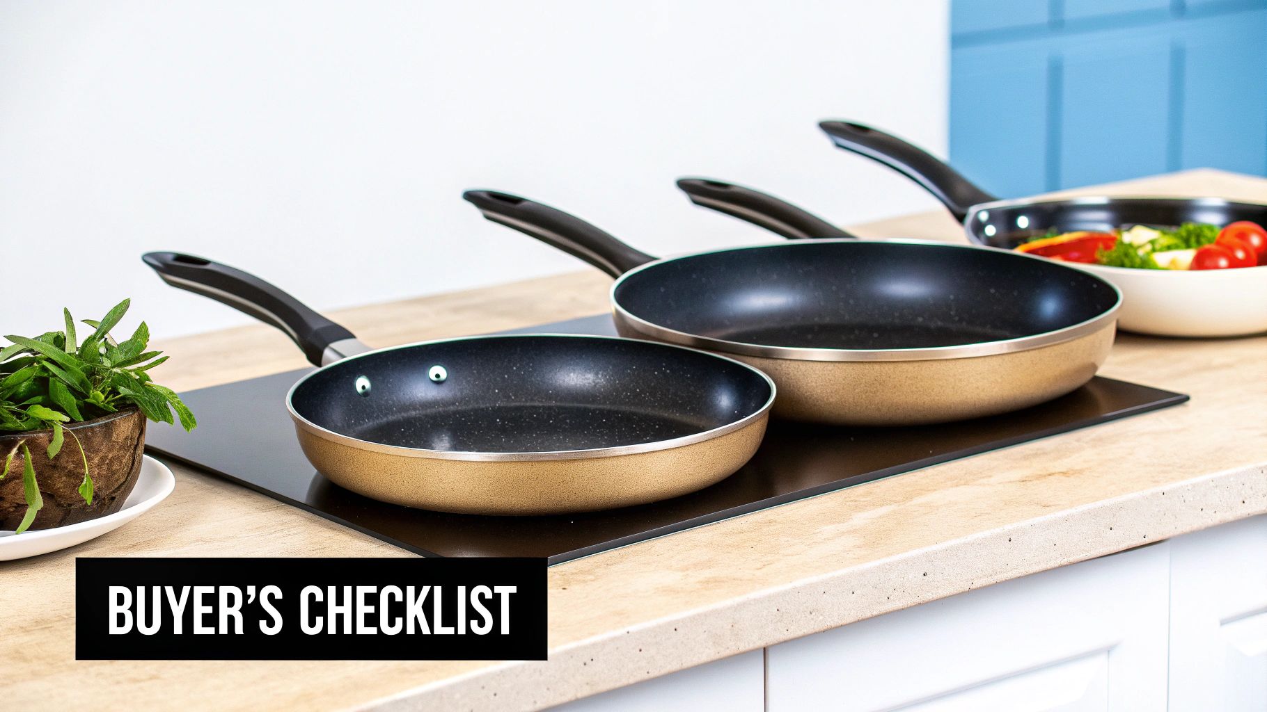 A person inspecting a titanium pan in a kitchen setting.