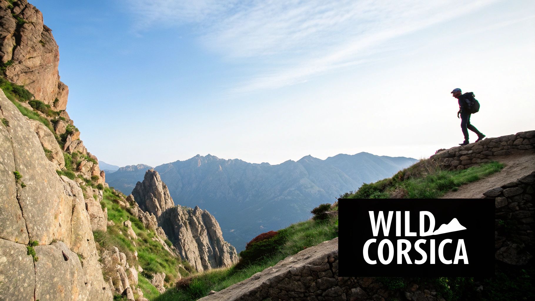 Hiker with backpack walking mountain trail in Corsica with dramatic rocky peaks and distant mountains