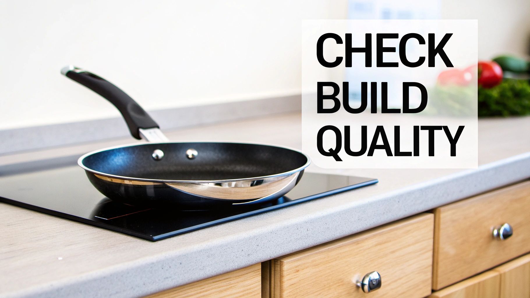 A black frying pan rests on a sleek induction cooktop in a modern kitchen with wooden drawers.