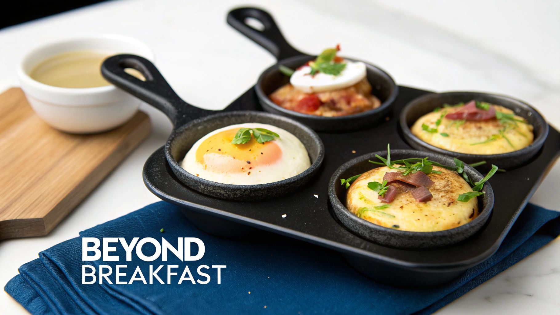 A black cast iron tray holding four mini egg dishes, including poached eggs and omelets, on a white table.