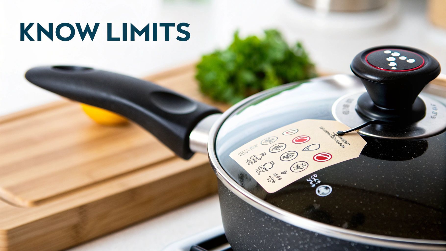 A black cooking pot with a glass lid on a stovetop, with a wooden board, lemon, and parsley.
