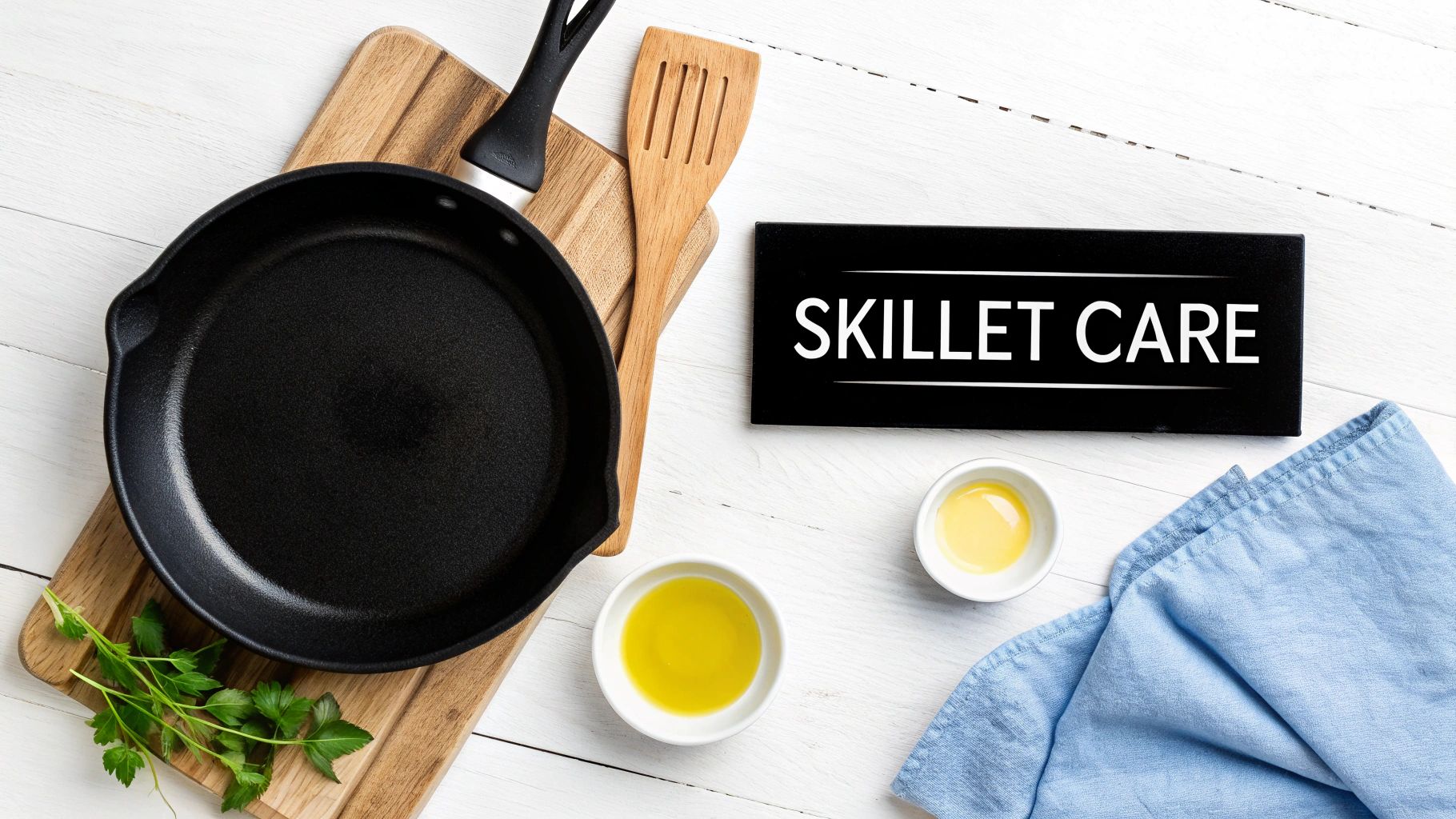 A flat lay shows a cast iron skillet, spatula, oils, parsley, and a 'Skillet Care' sign on white wood.