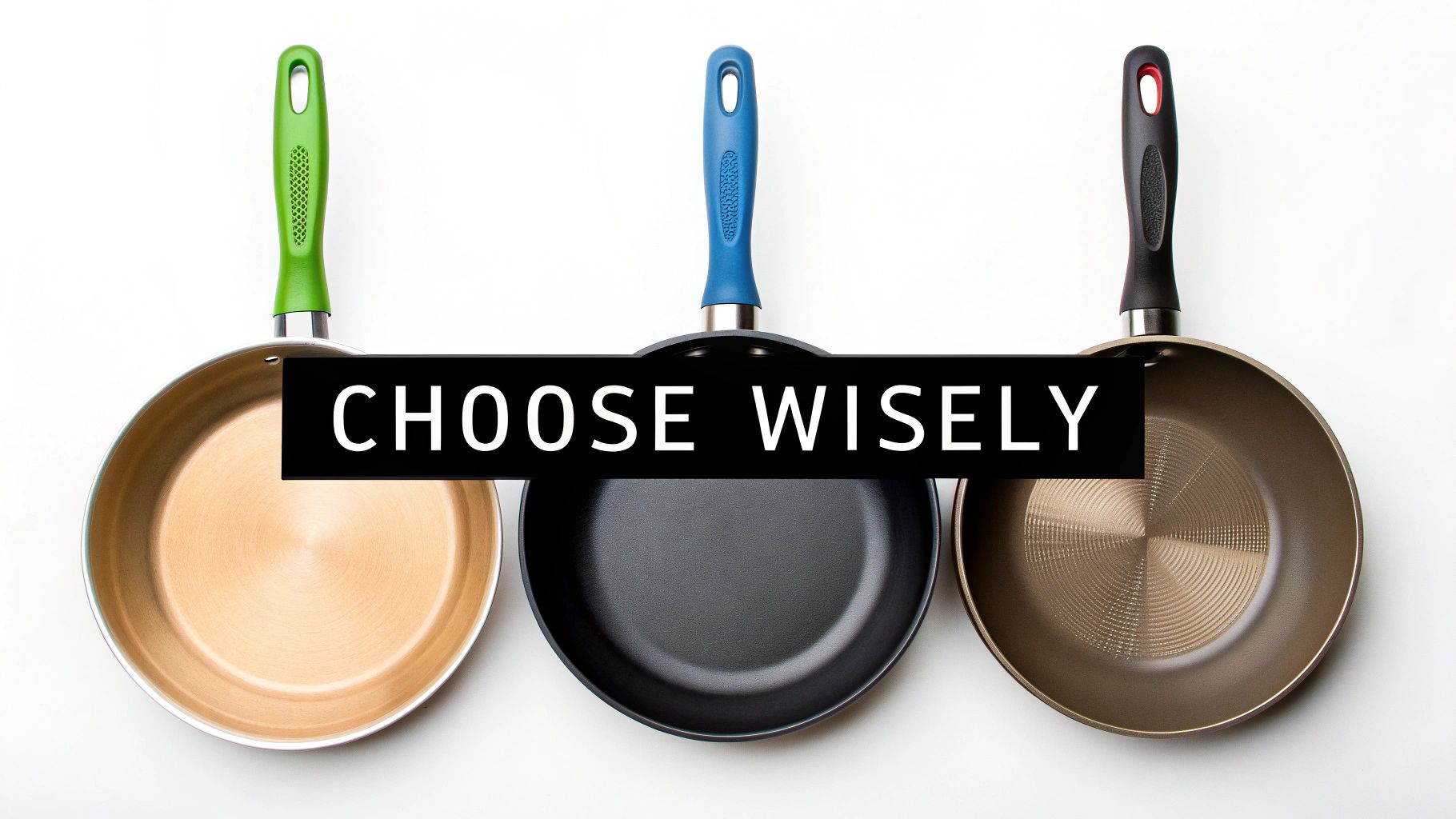 A person examining a titanium frying pan in a kitchen setting.