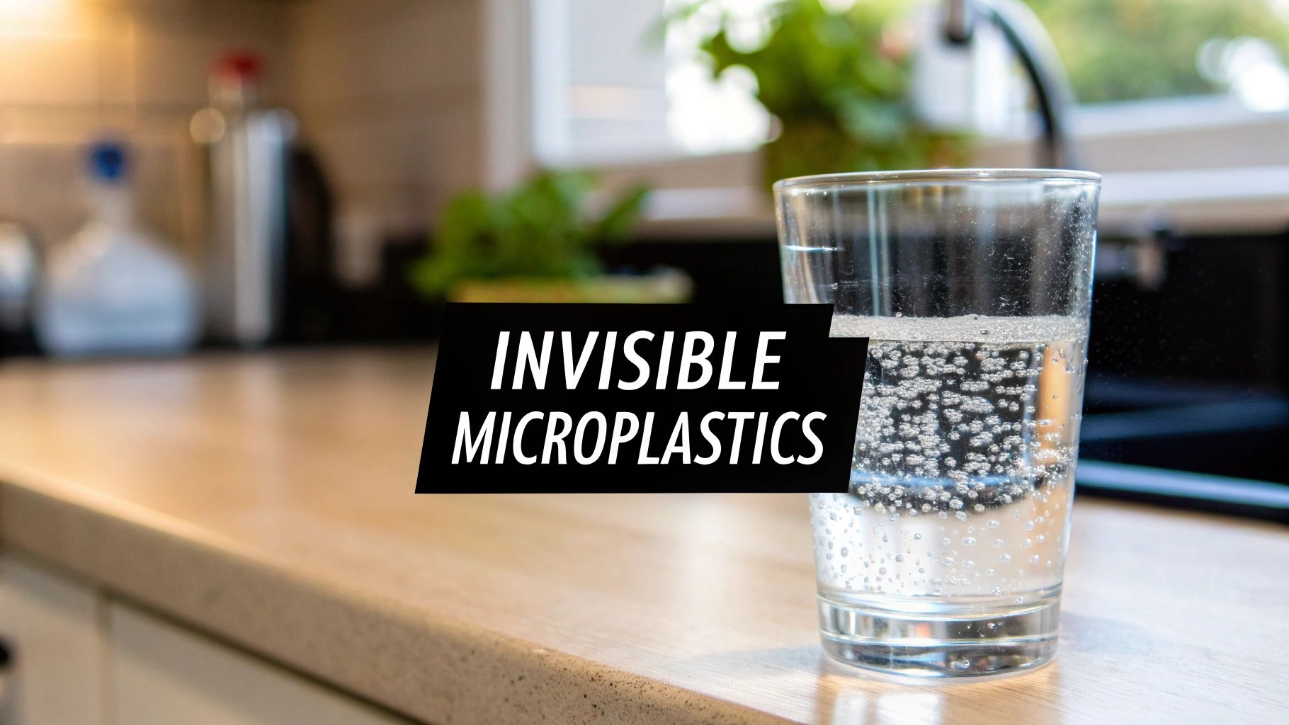 A glass of bubbly water on a kitchen counter, with text 'INVISIBLE MICROPLASTICS' overlaid.