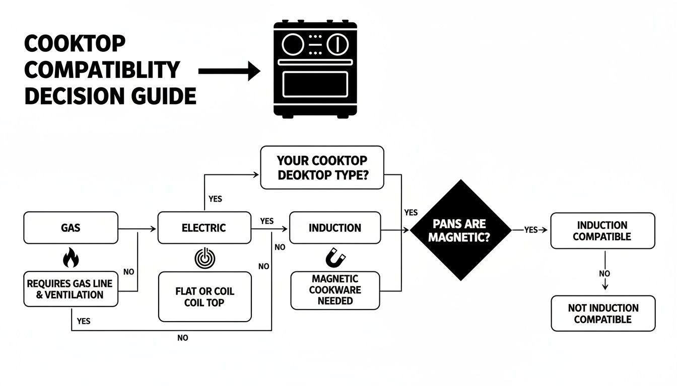 A flowchart guiding users to determine cooktop compatibility for gas, electric, and induction cooktops.