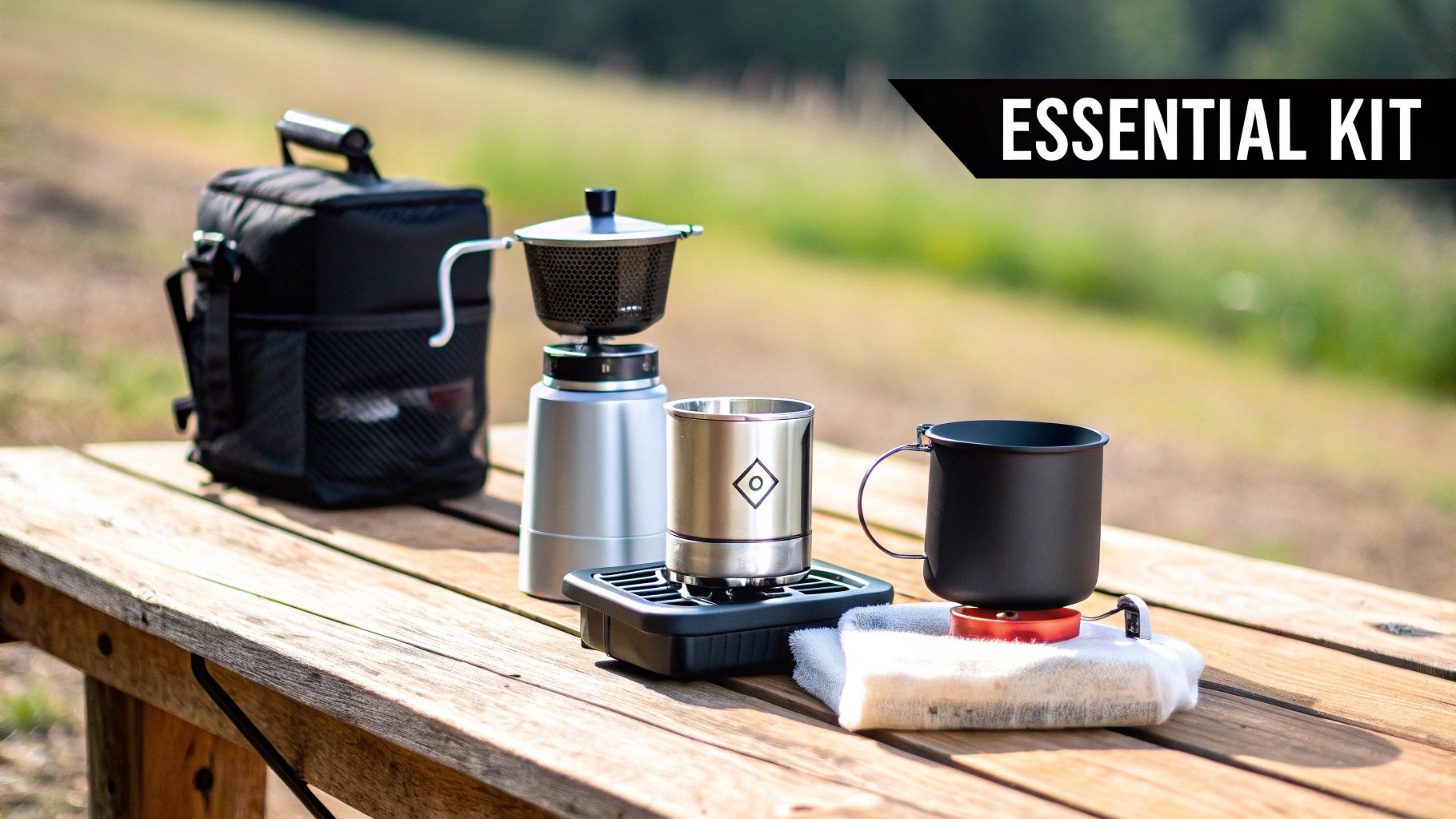 A collection of essential camping coffee gear, including a pour-over system, mugs, and stoves, on a wooden table outdoors.