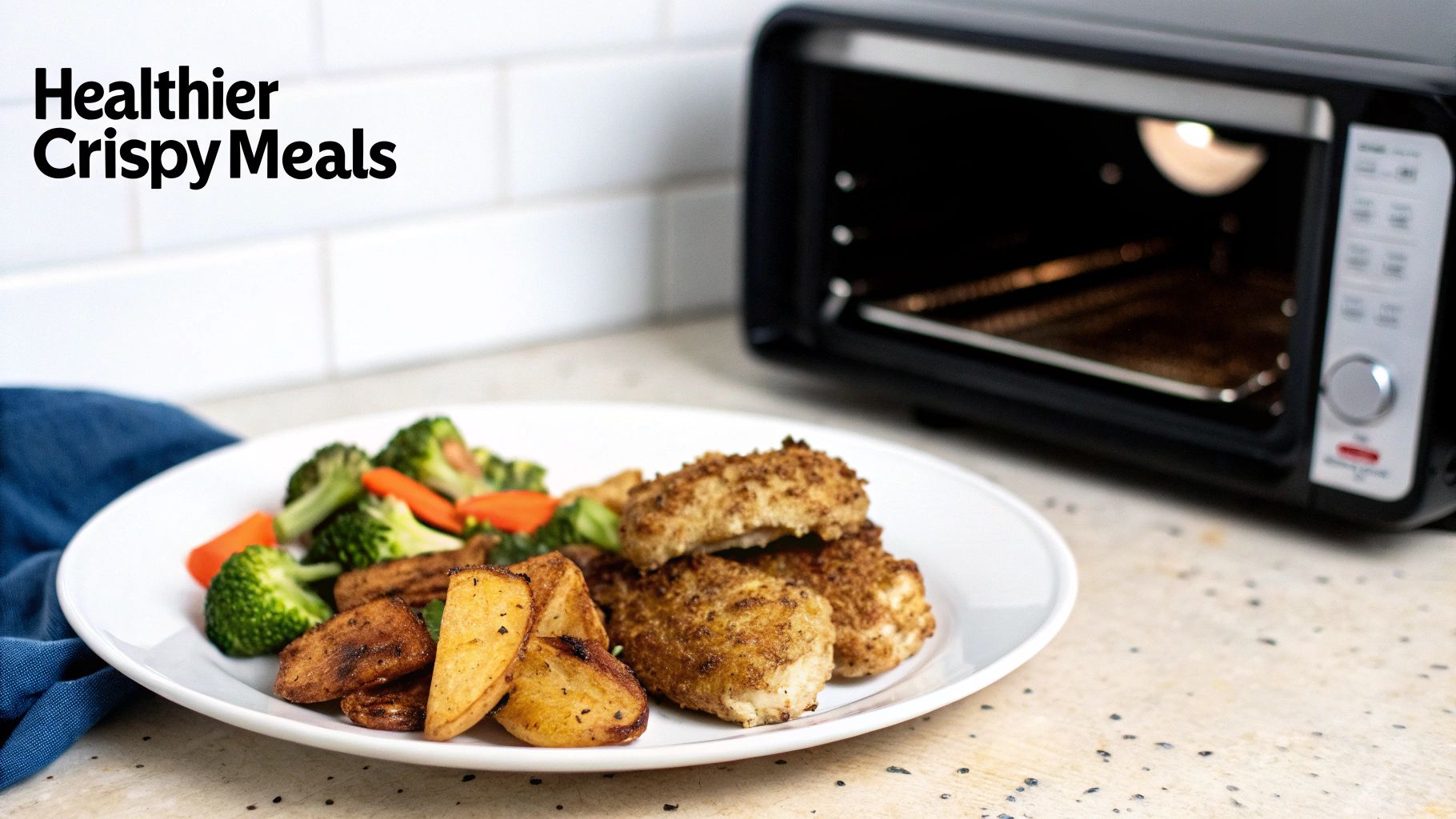 A plate of healthier crispy chicken, roasted potatoes, and vegetables next to a black air fryer oven.