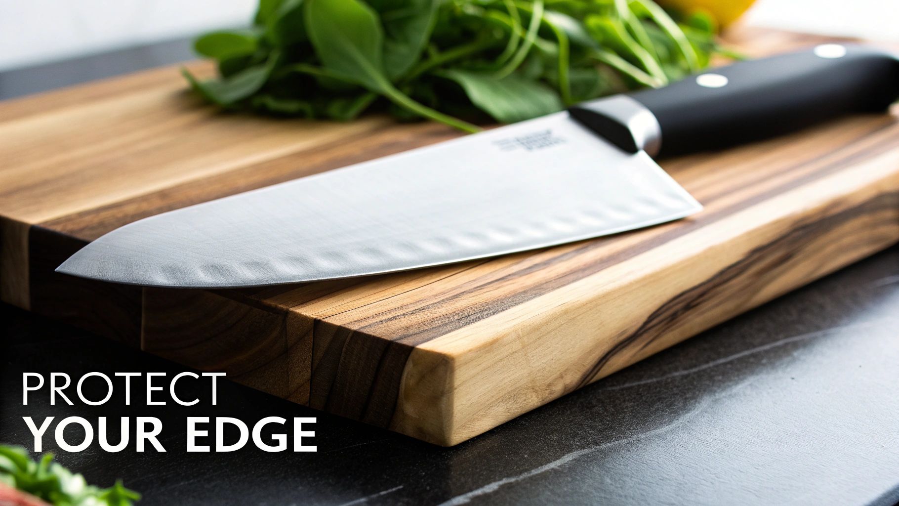A sharp chef's knife rests on a wooden cutting board with fresh greens, emphasizing 'Protect Your Edge'.