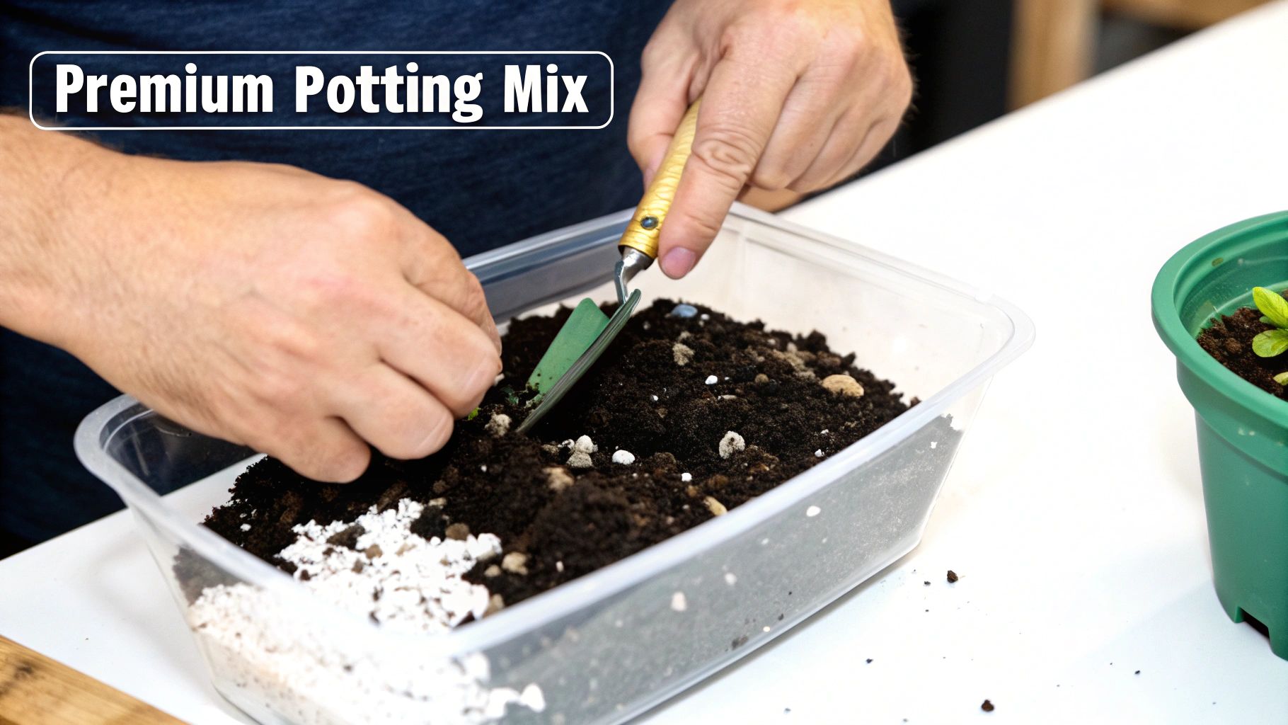 Hands are preparing premium potting mix with a trowel in a clear container for growing vegetables.