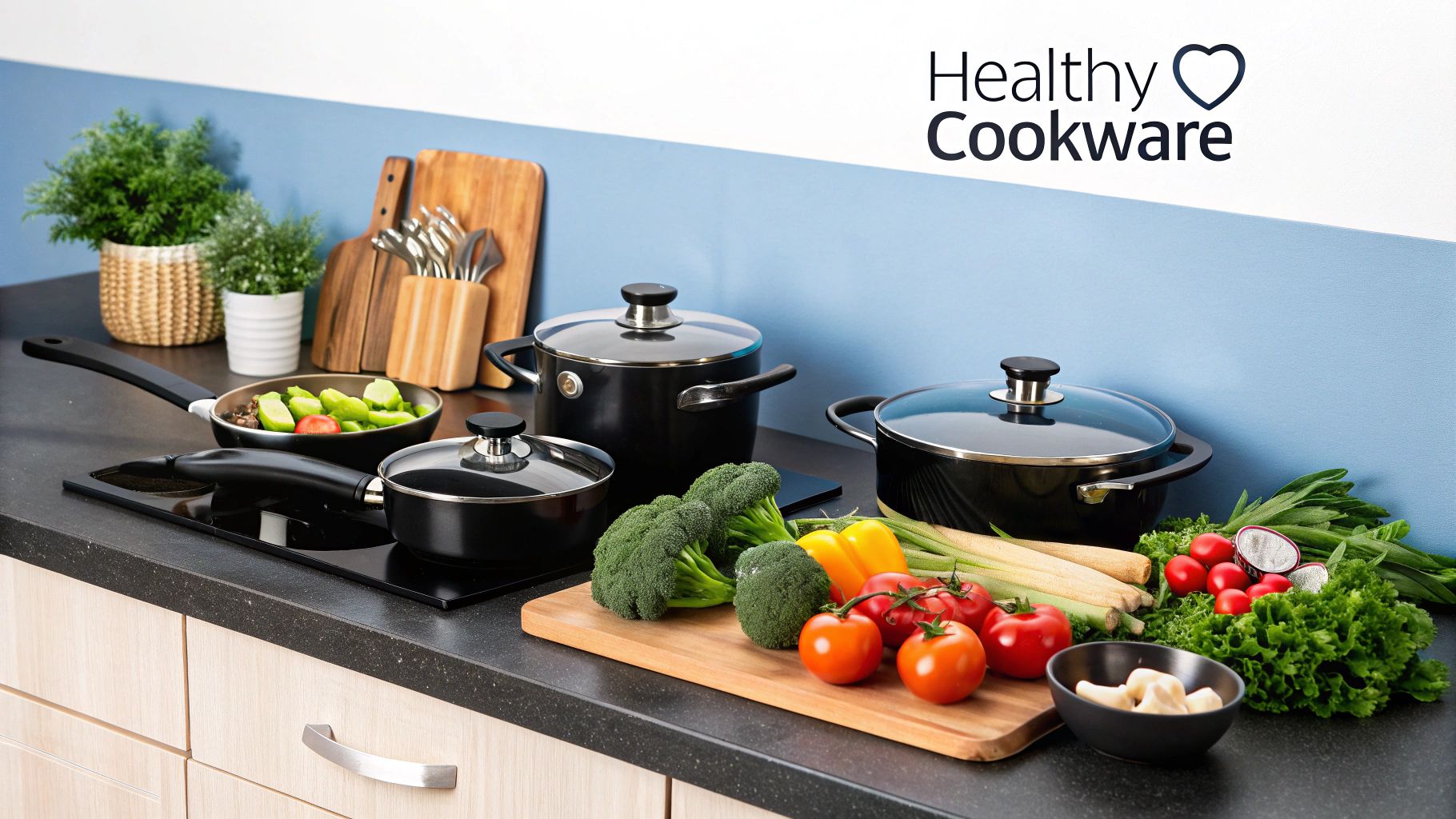A set of healthy cooking pans neatly organized in a modern kitchen.