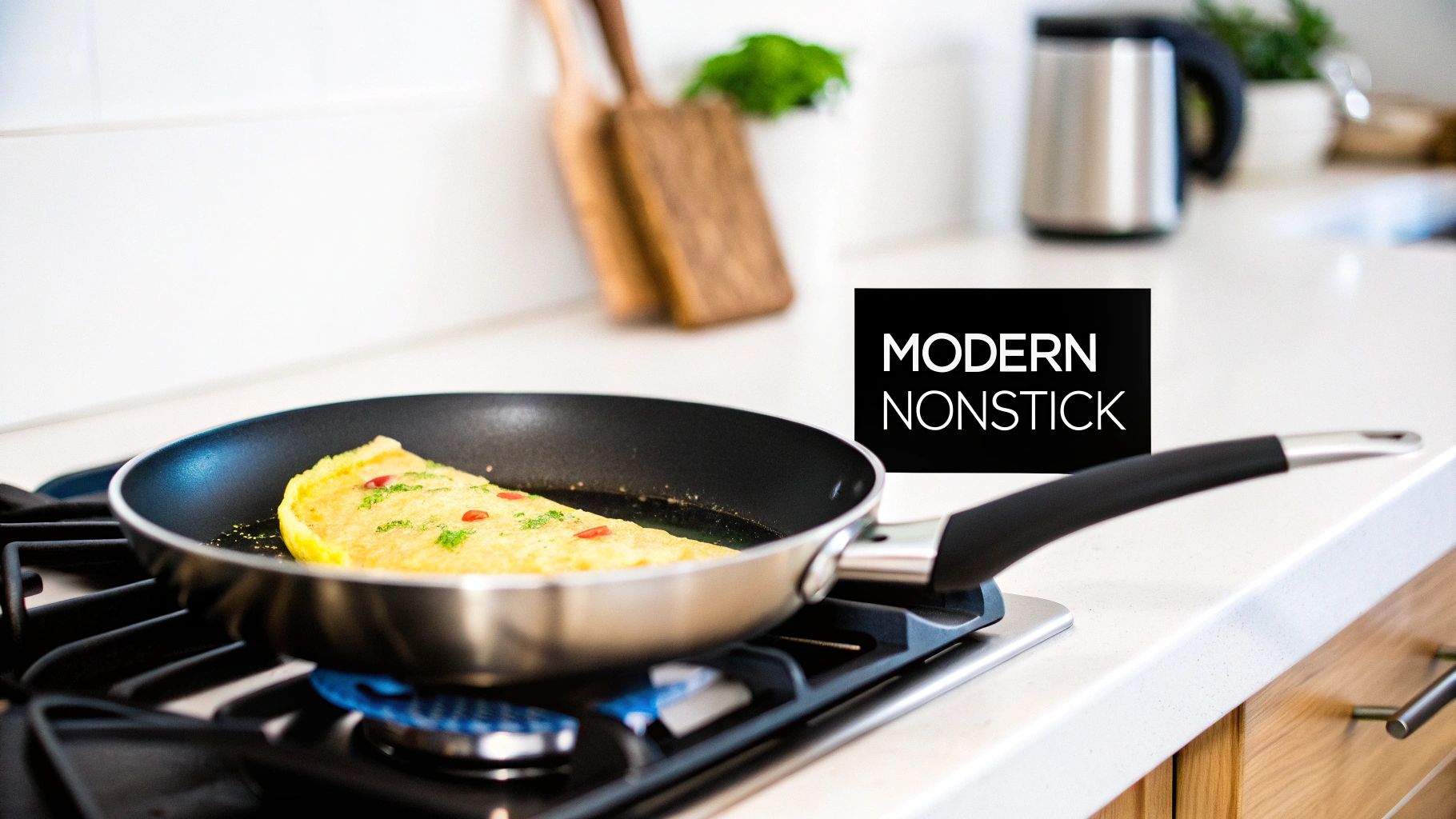 A non-stick skillet with a handle is on a gas stove, cooking a delicious omelet garnished with herbs and red peppers.