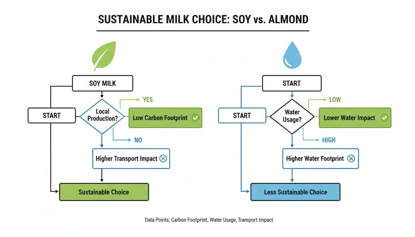 Flowchart comparing soy and almond milk sustainability, considering local production, carbon footprint, water usage, and transport impact.