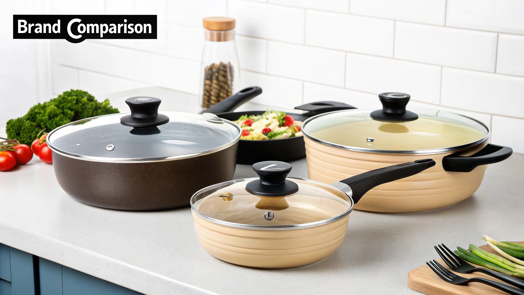 A person choosing between different ceramic cookware sets in a retail store.