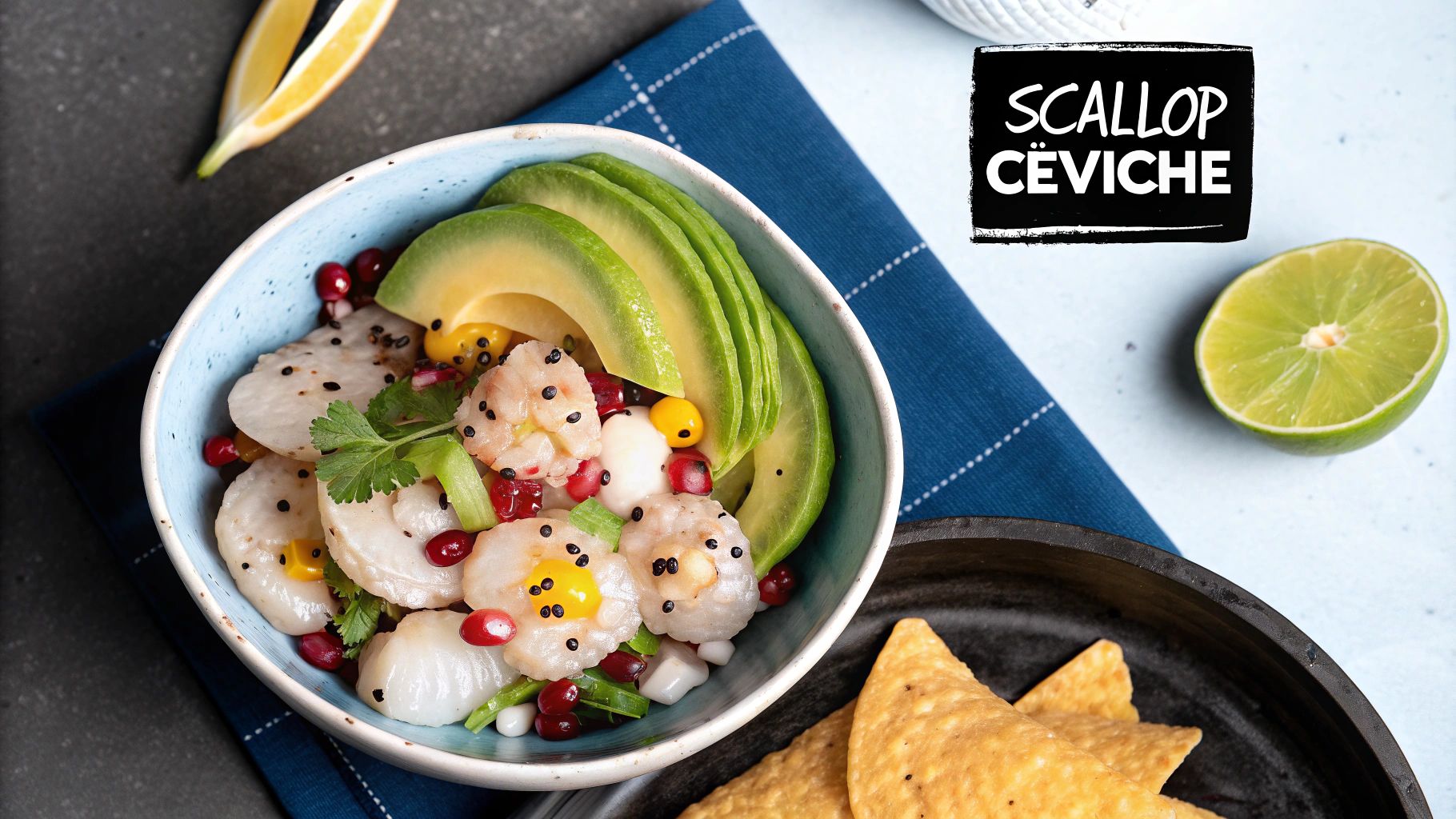 Fresh scallop ceviche with avocado, pomegranate, cilantro, and tortilla chips, served with lime.