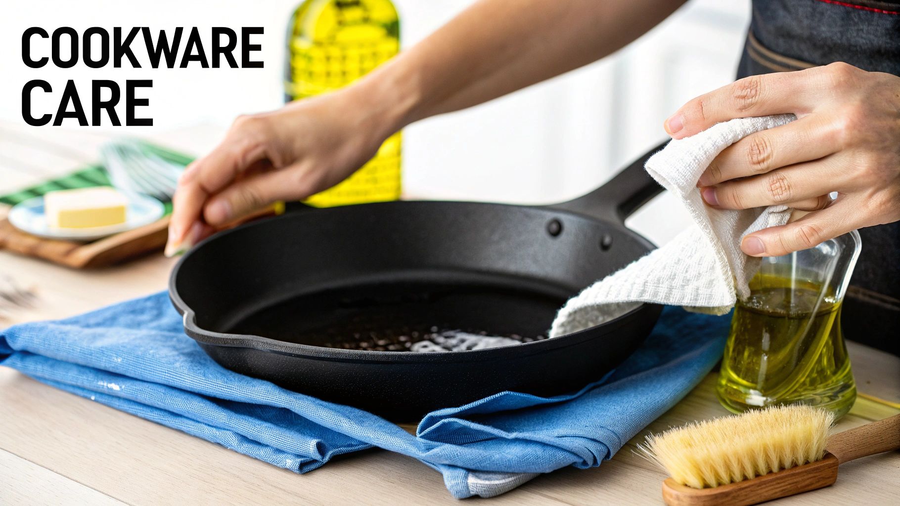 A person gently washing a pan in a sink.