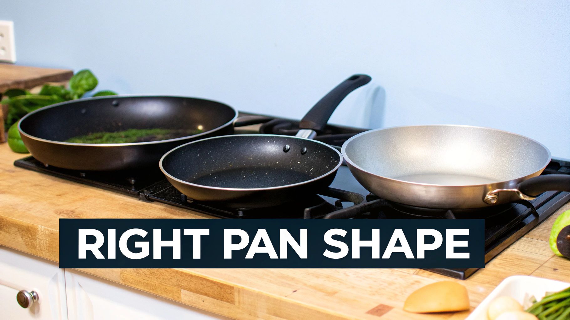 Three different cooking pans sit on a stovetop, highlighting various pan shapes in a kitchen setting.