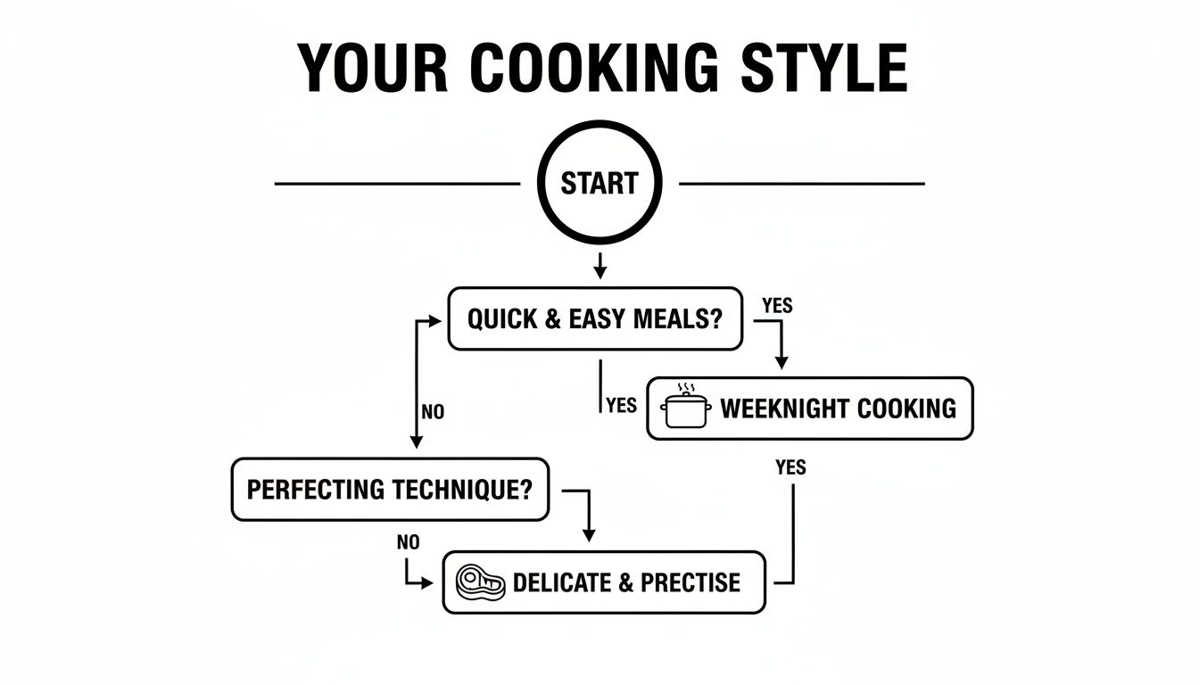 A flowchart illustrating different cooking styles based on preferences for quick meals or perfecting technique.