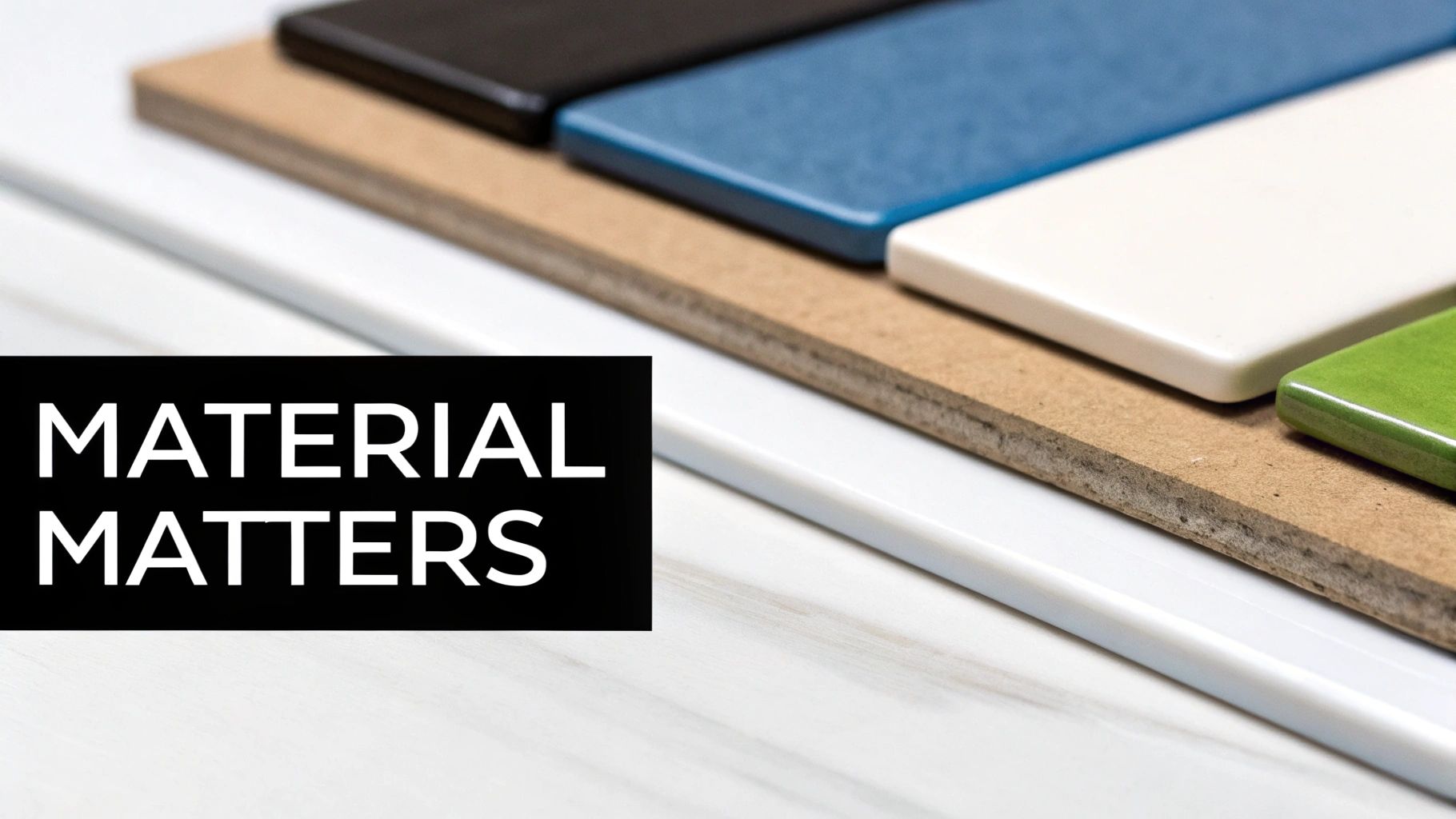 Close-up of various material samples, including wood, black, blue, white, and green slabs, on a white surface.