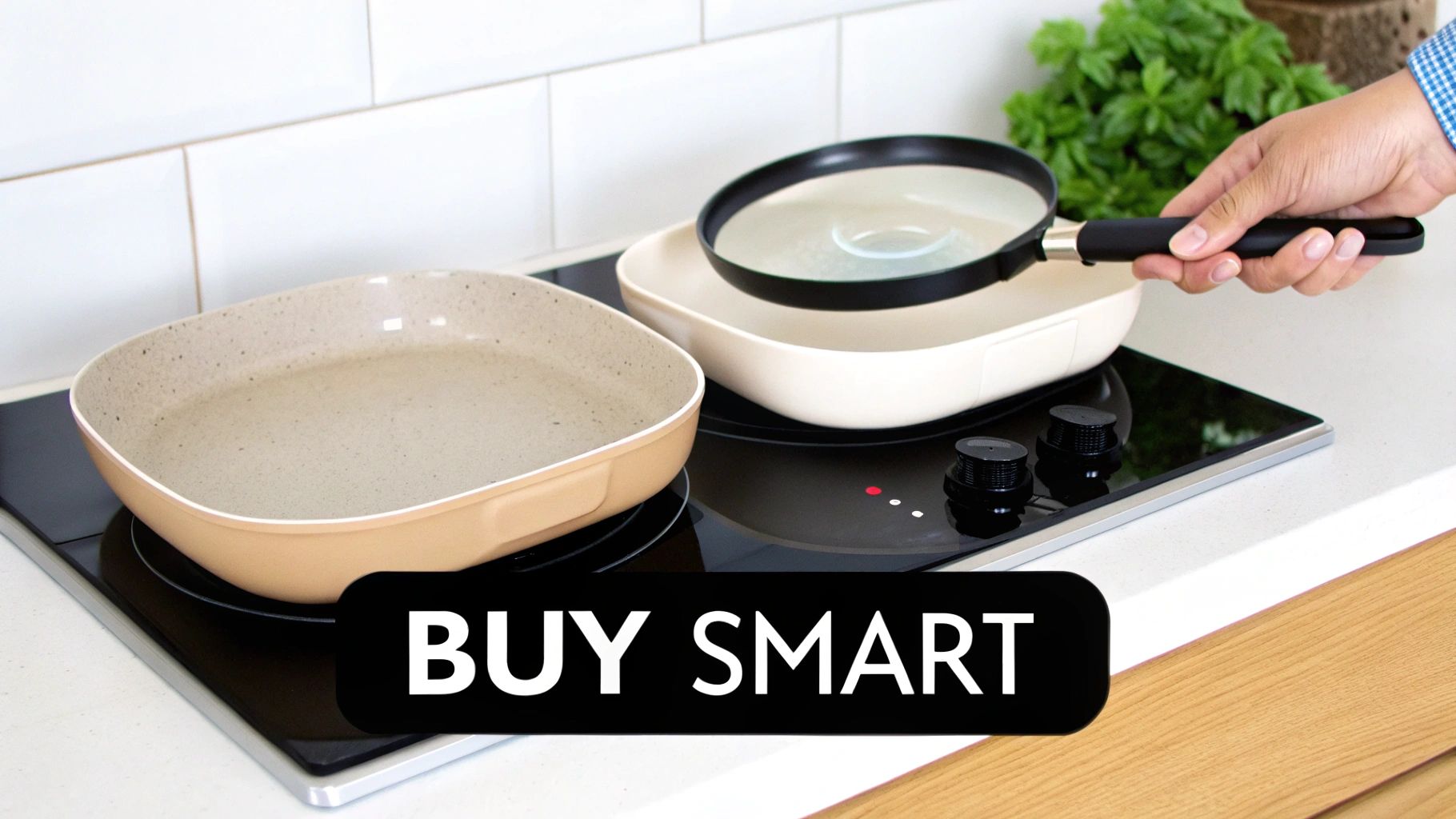 Modern ceramic non-stick pans on an induction cooktop with a hand placing a lid.