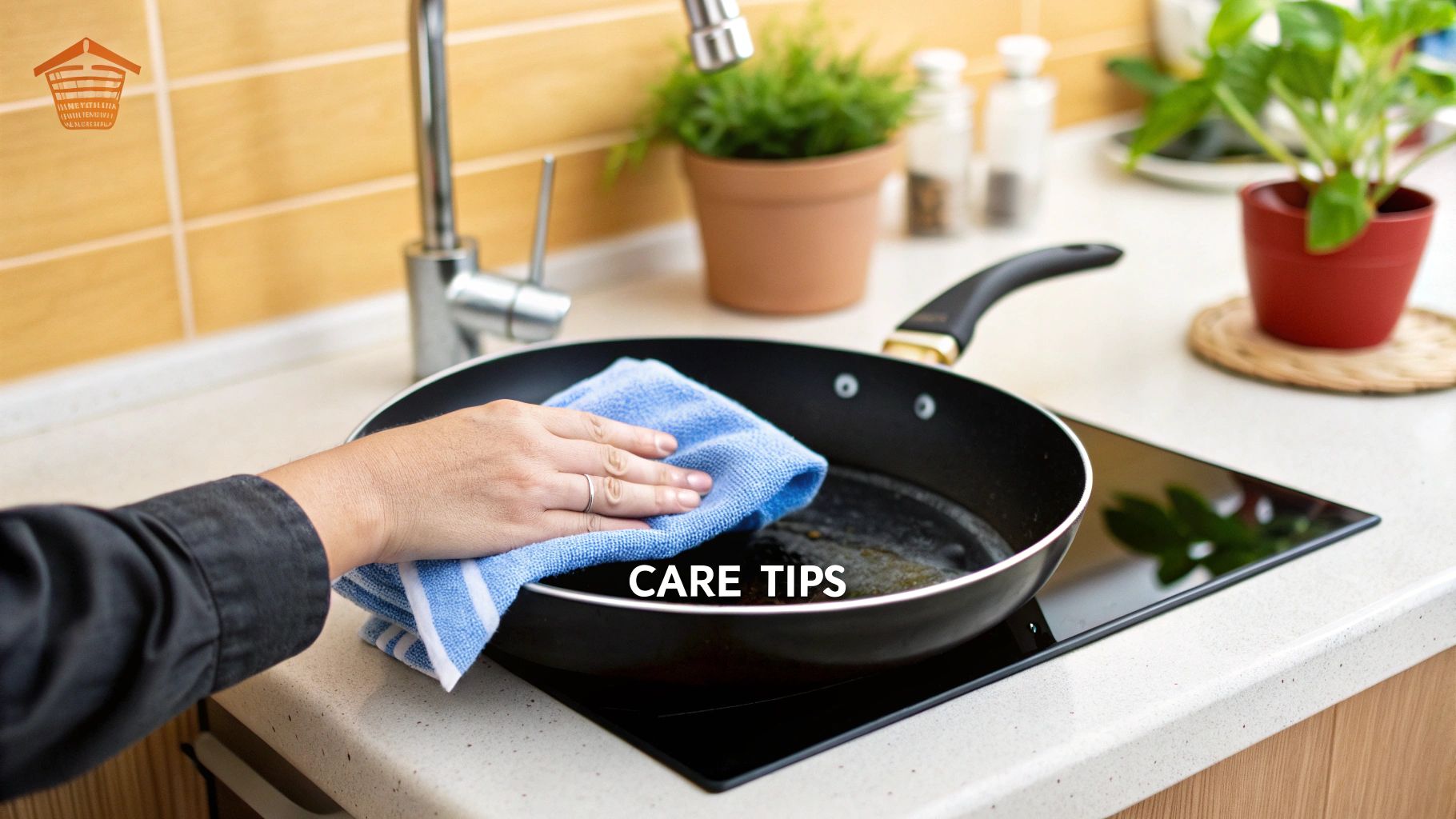 A person gently washing a non stick pan with a soft sponge and soap