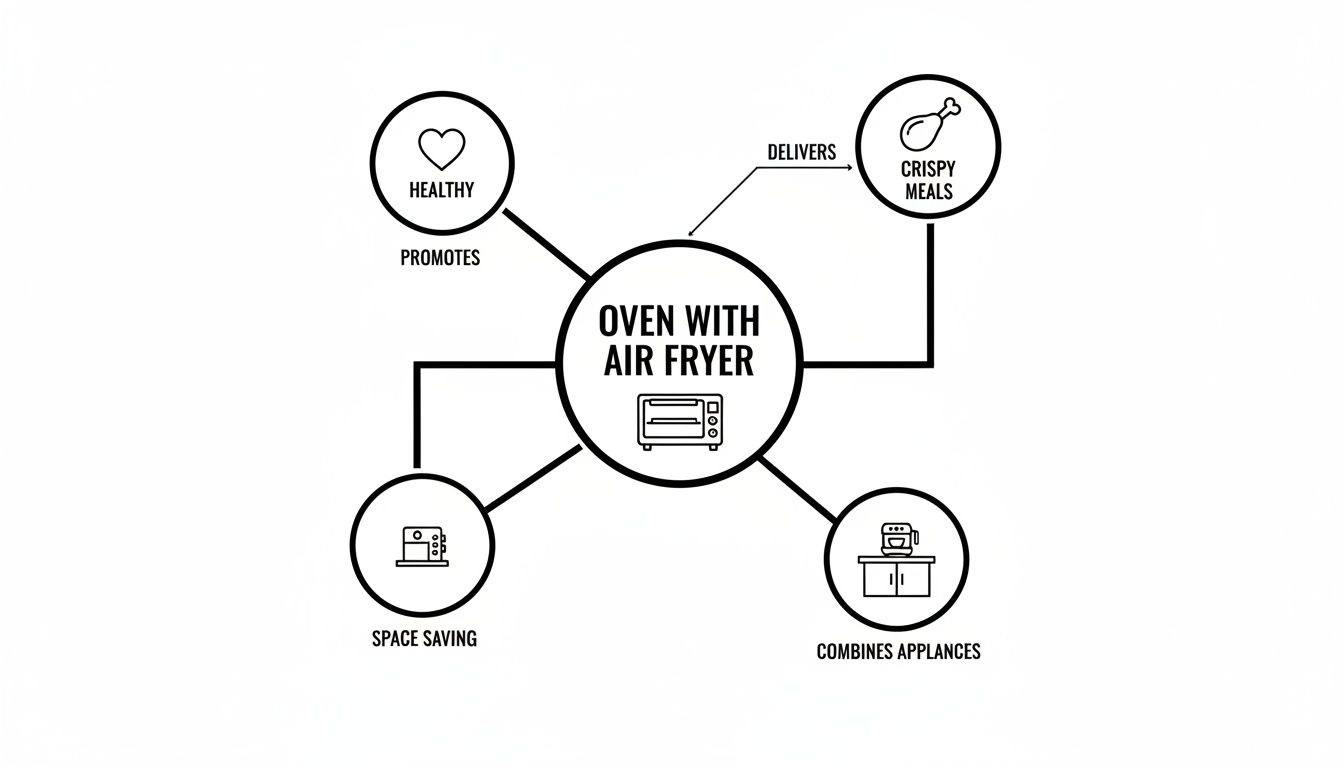 Diagram highlights oven with air fryer benefits: healthy meals, crispy food, space saving, appliance combination.