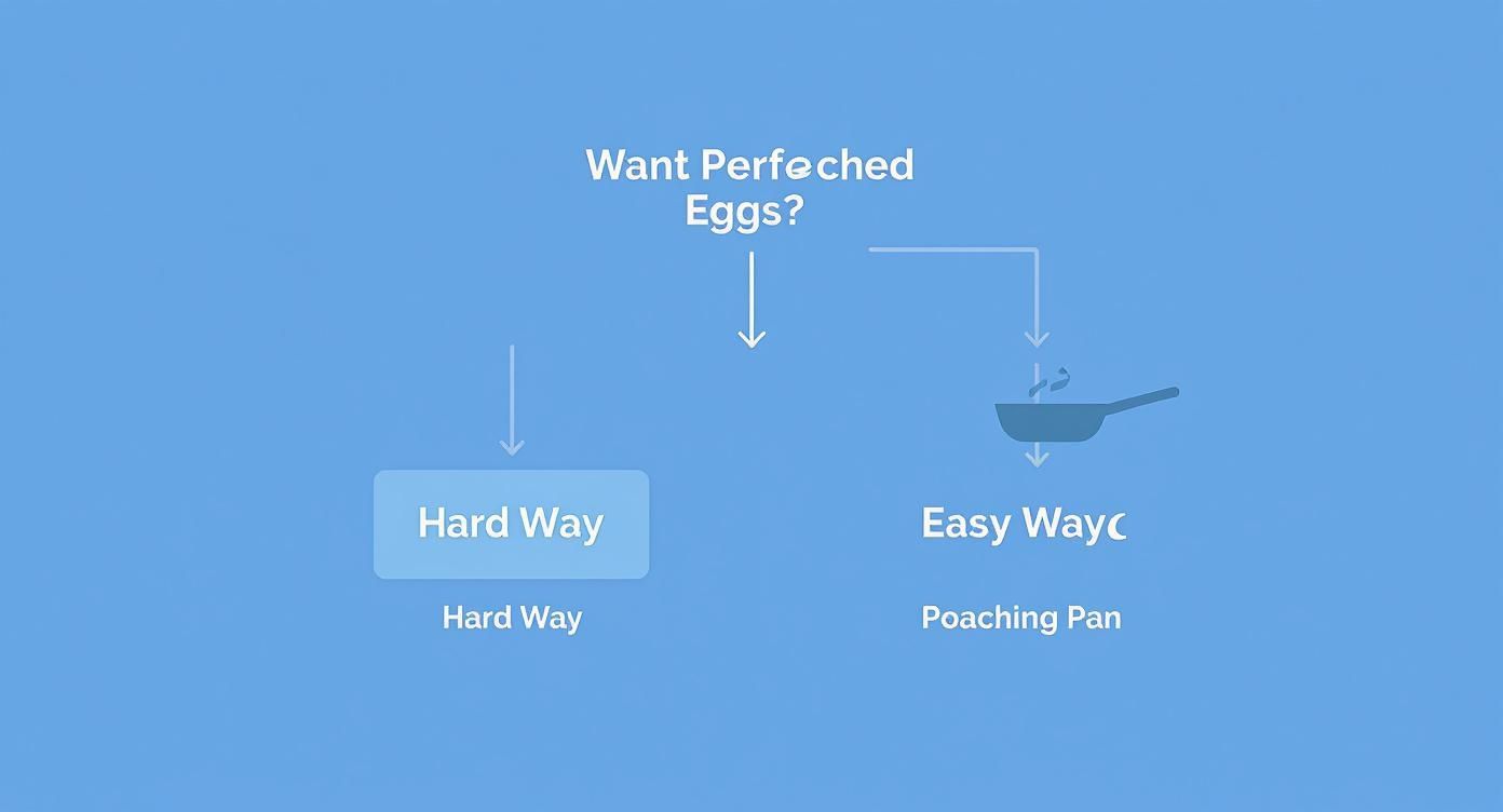 Flowchart illustrating two ways to achieve perfected eggs: a hard way and an easy way with a poaching pan.