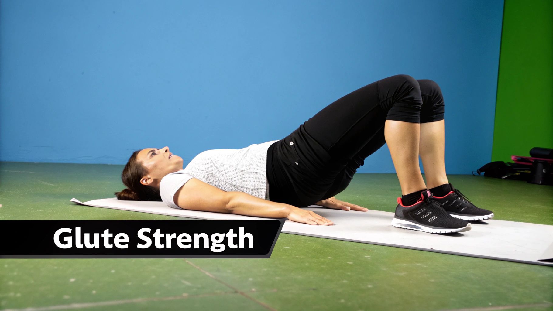 A woman performs a glute bridge exercise on a mat to strengthen her glutes and lower back.