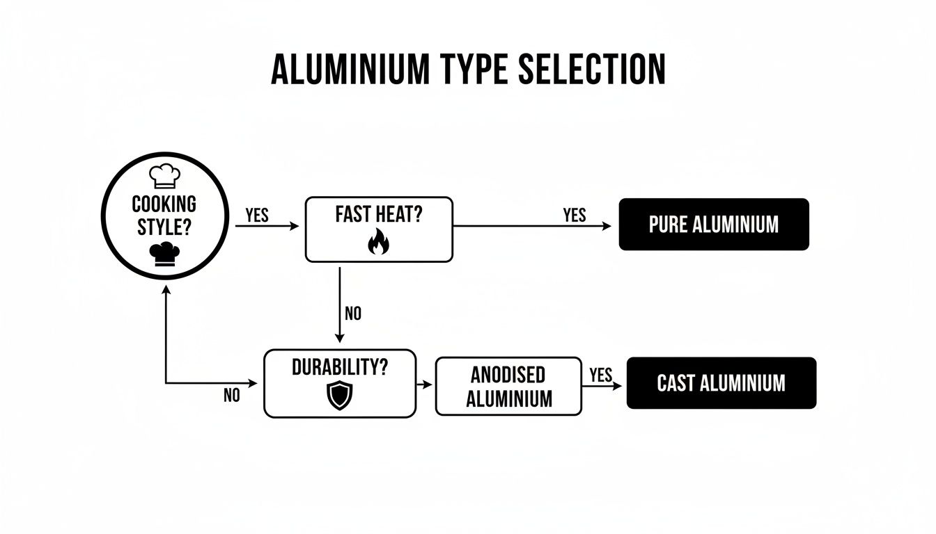 Flowchart illustrating aluminium type selection based on cooking style, fast heat, and durability.