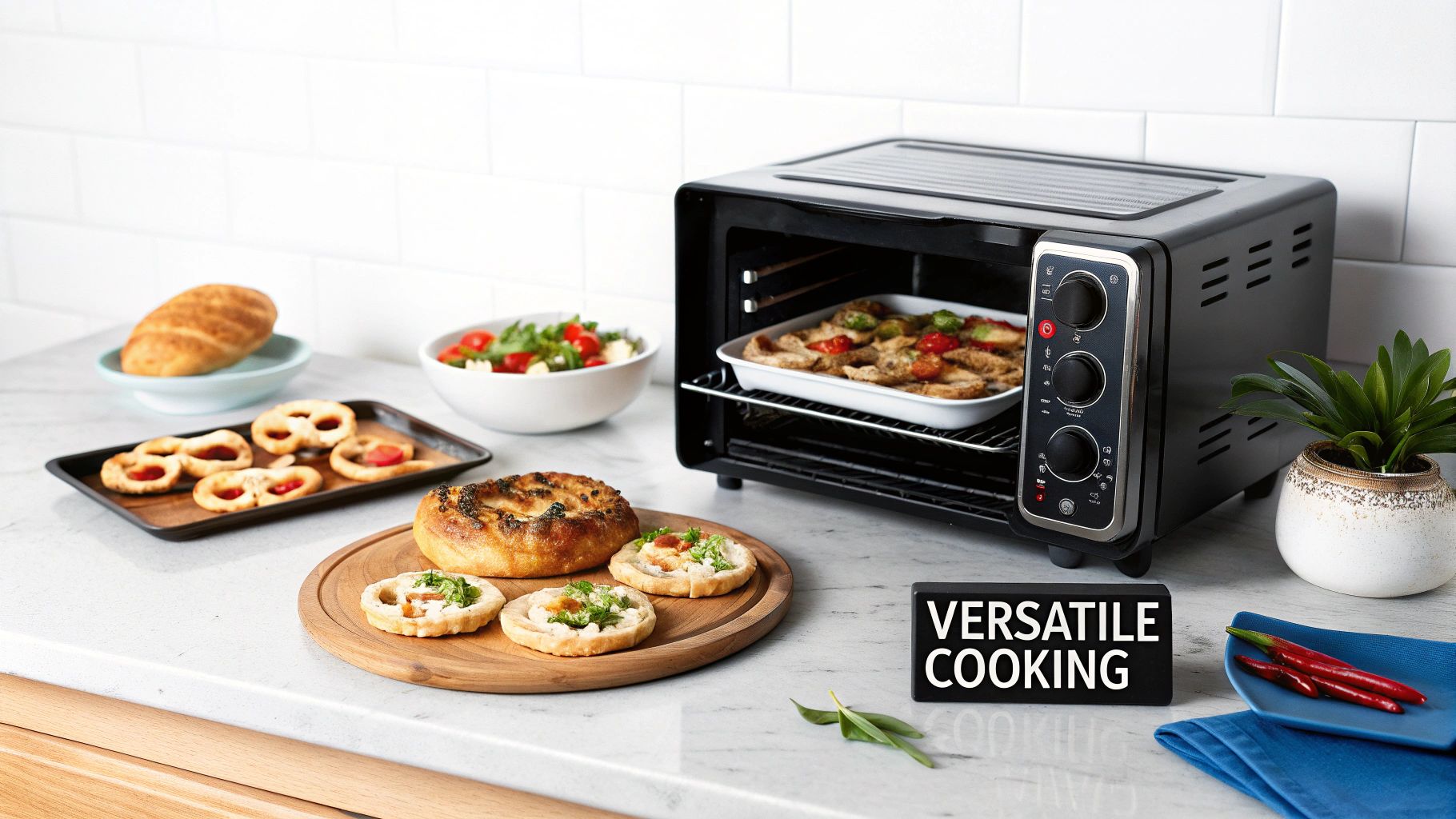 Modern black air fryer toaster oven on a kitchen counter, showcasing versatile meal preparation.