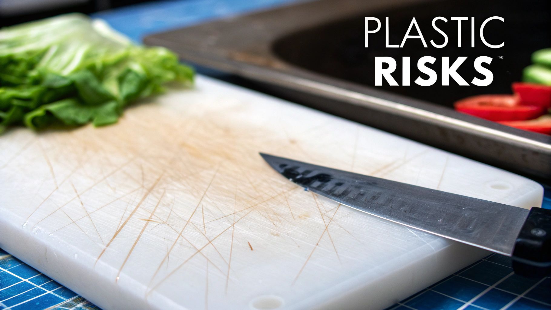 An overhead shot of various vegetables being chopped on a white plastic cutting board.