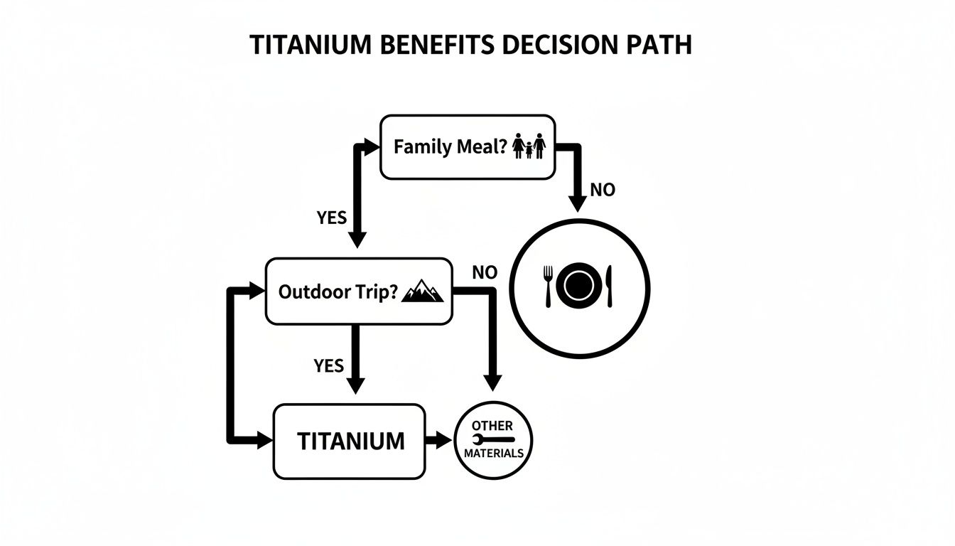 Flowchart outlining a decision path for choosing titanium benefits based on family meals and outdoor trips.