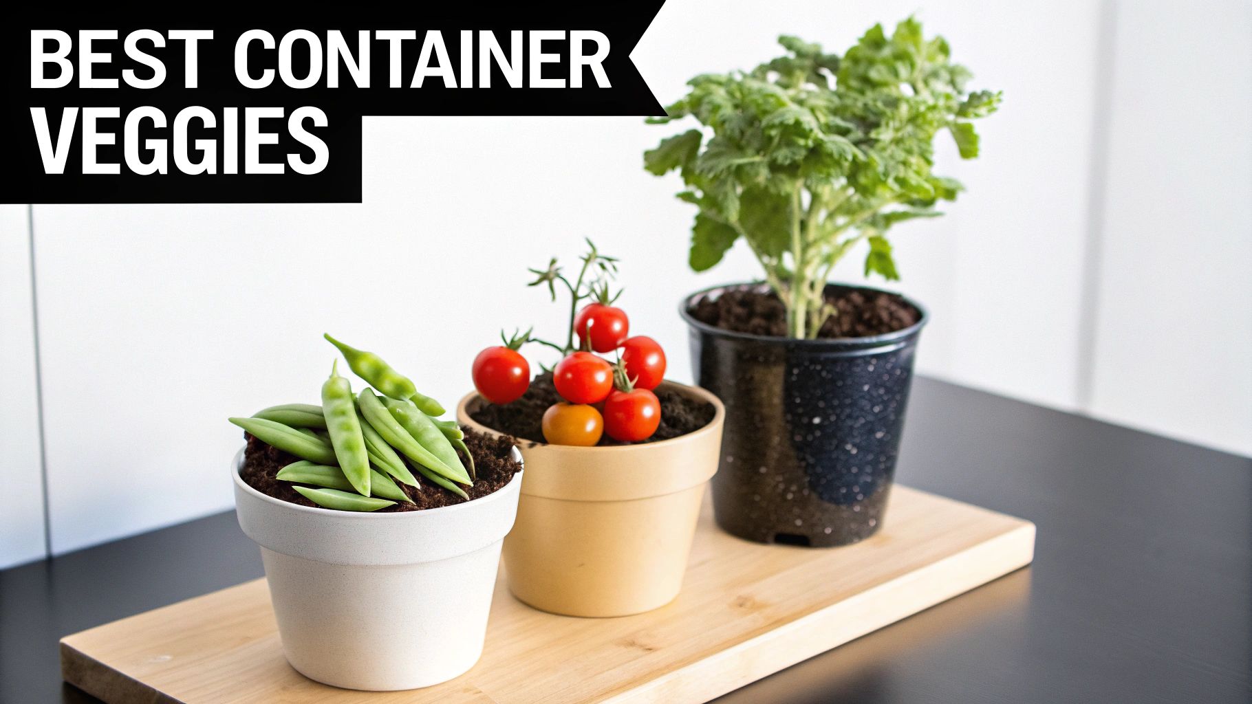 Three potted vegetables (peas, tomatoes, and leafy greens) displayed on a wooden board with a title.