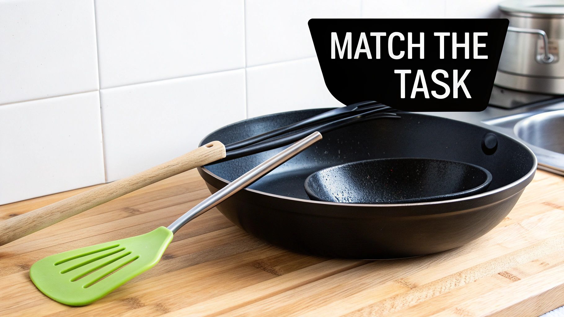 Kitchen scene with green and black spatulas, black tongs, and pans on a wooden cutting board.