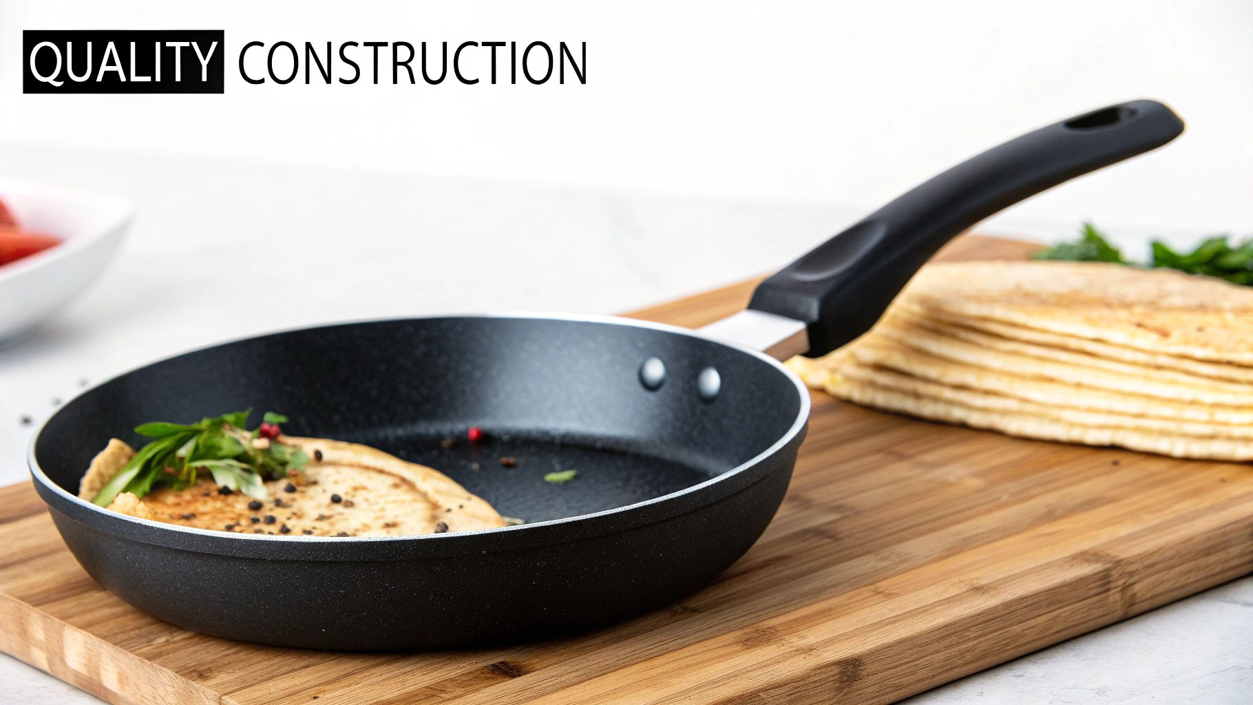 Black frying pan with a cooked pancake and spices on a wooden board, highlighting quality construction.