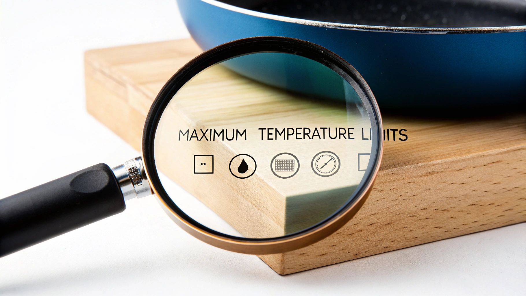 A person inspecting the bottom of a pan for safety symbols.