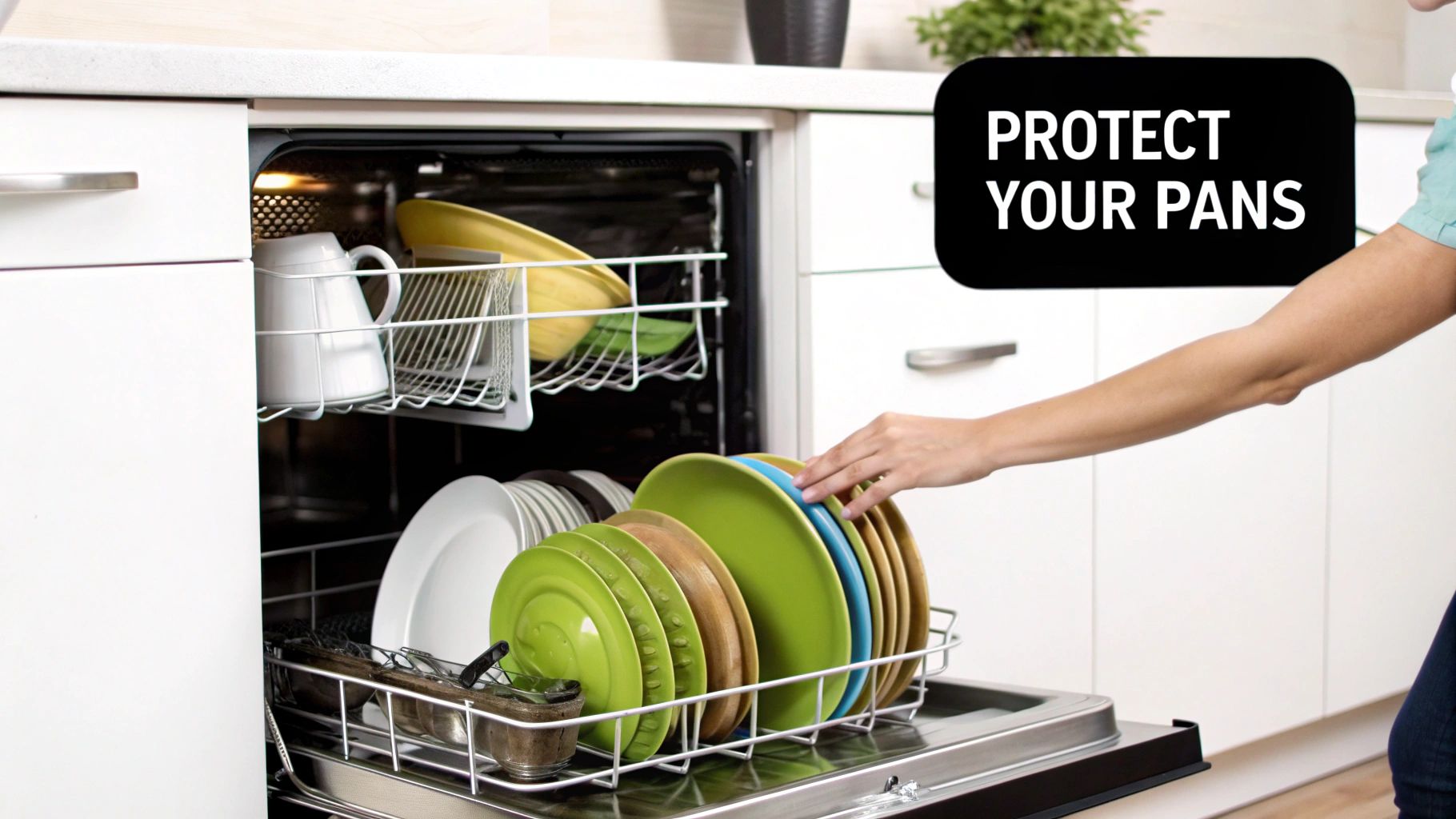 A person loads colorful plates and bowls into a modern dishwasher, promoting pan protection.
