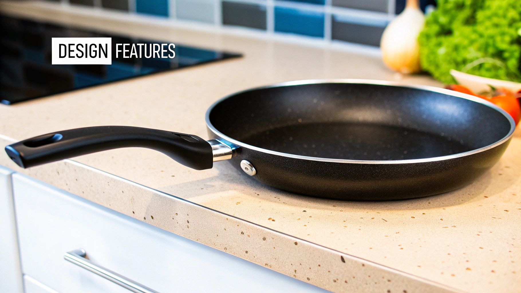 A frying pan handle being held to demonstrate its ergonomic design