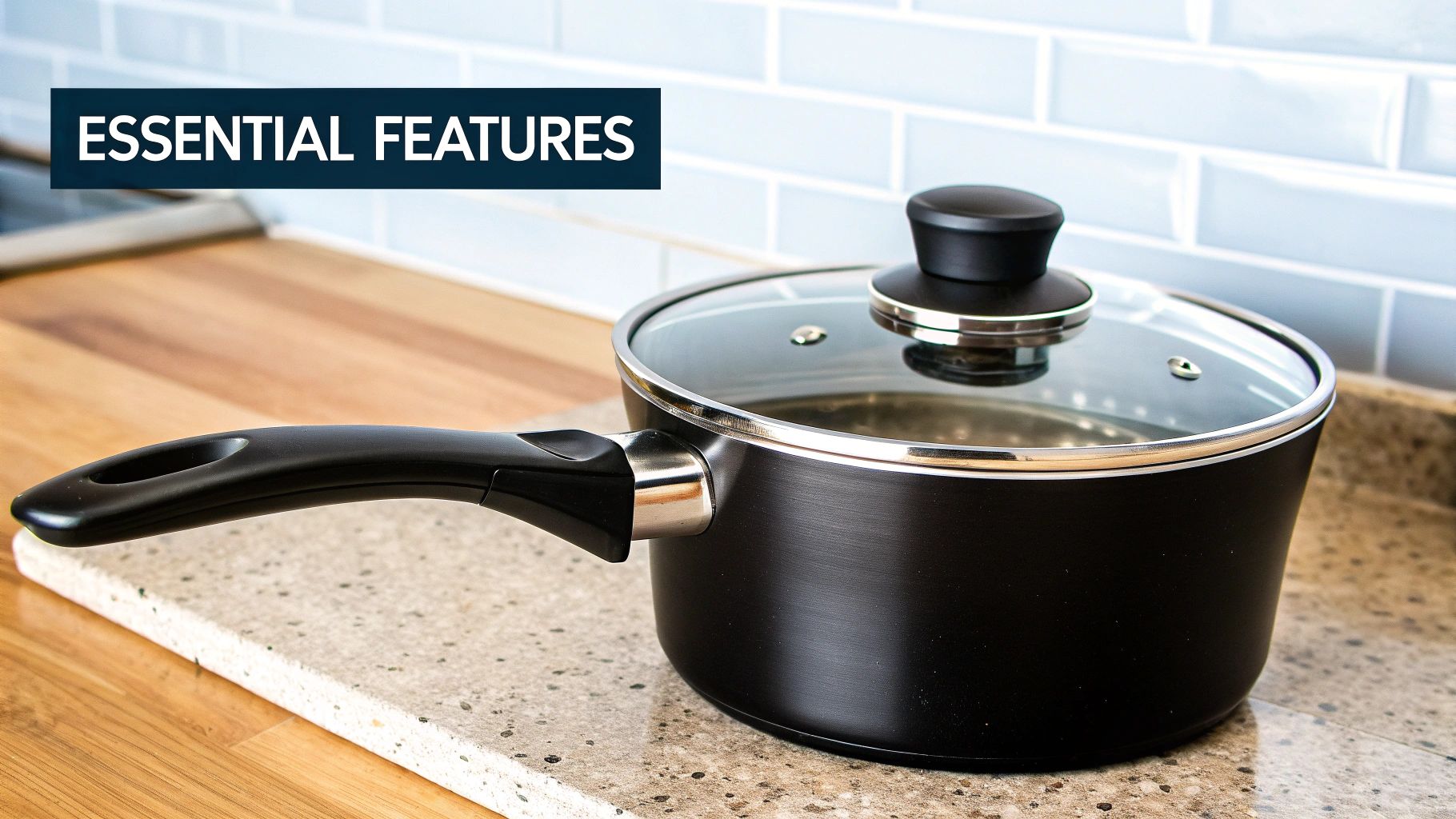 A black non-stick saucepan with a glass lid sits on a kitchen counter top.