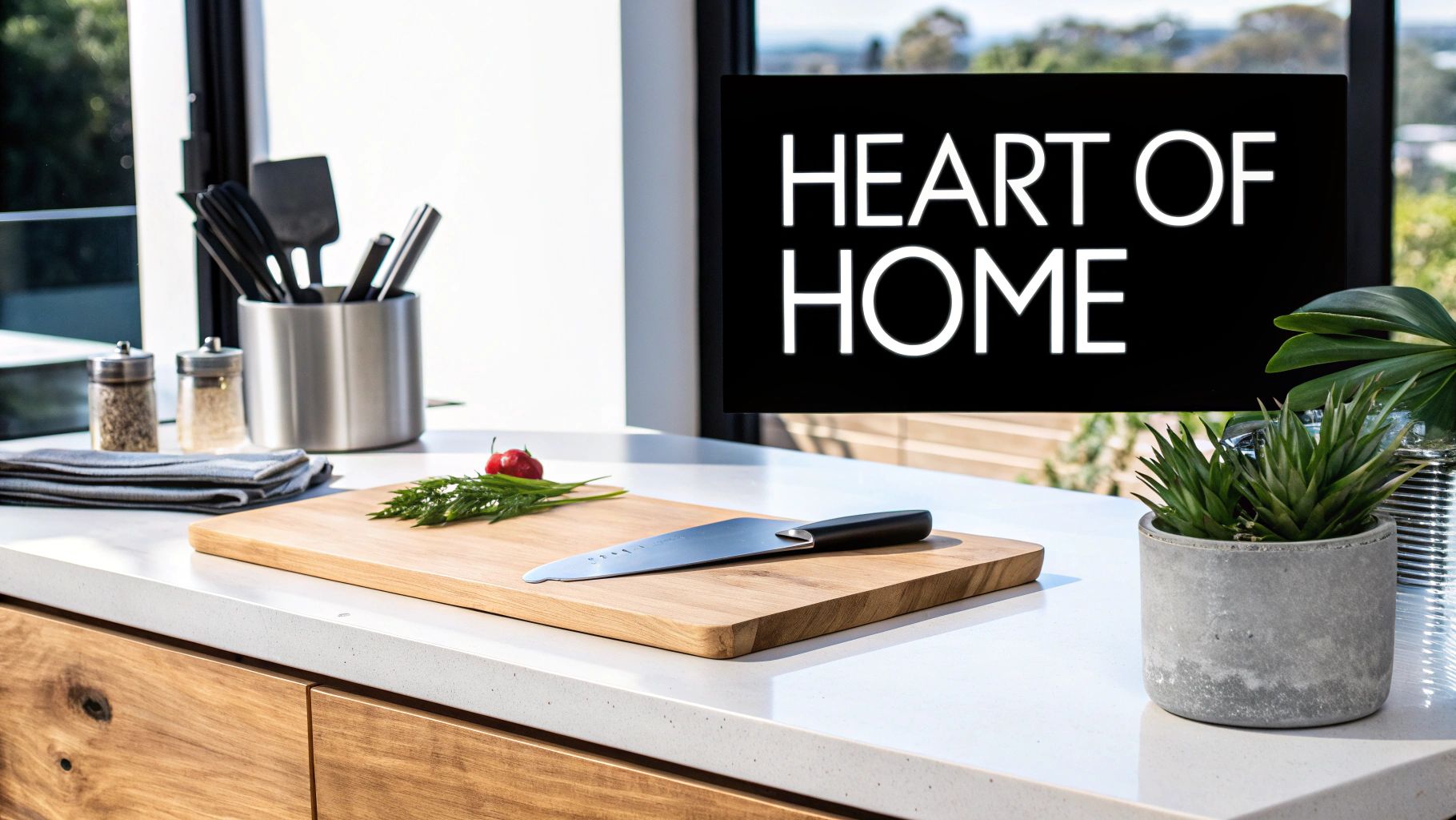 Modern kitchen counter featuring cooking tools, spices, and fresh herbs, with a 'HEART OF HOME' sign.