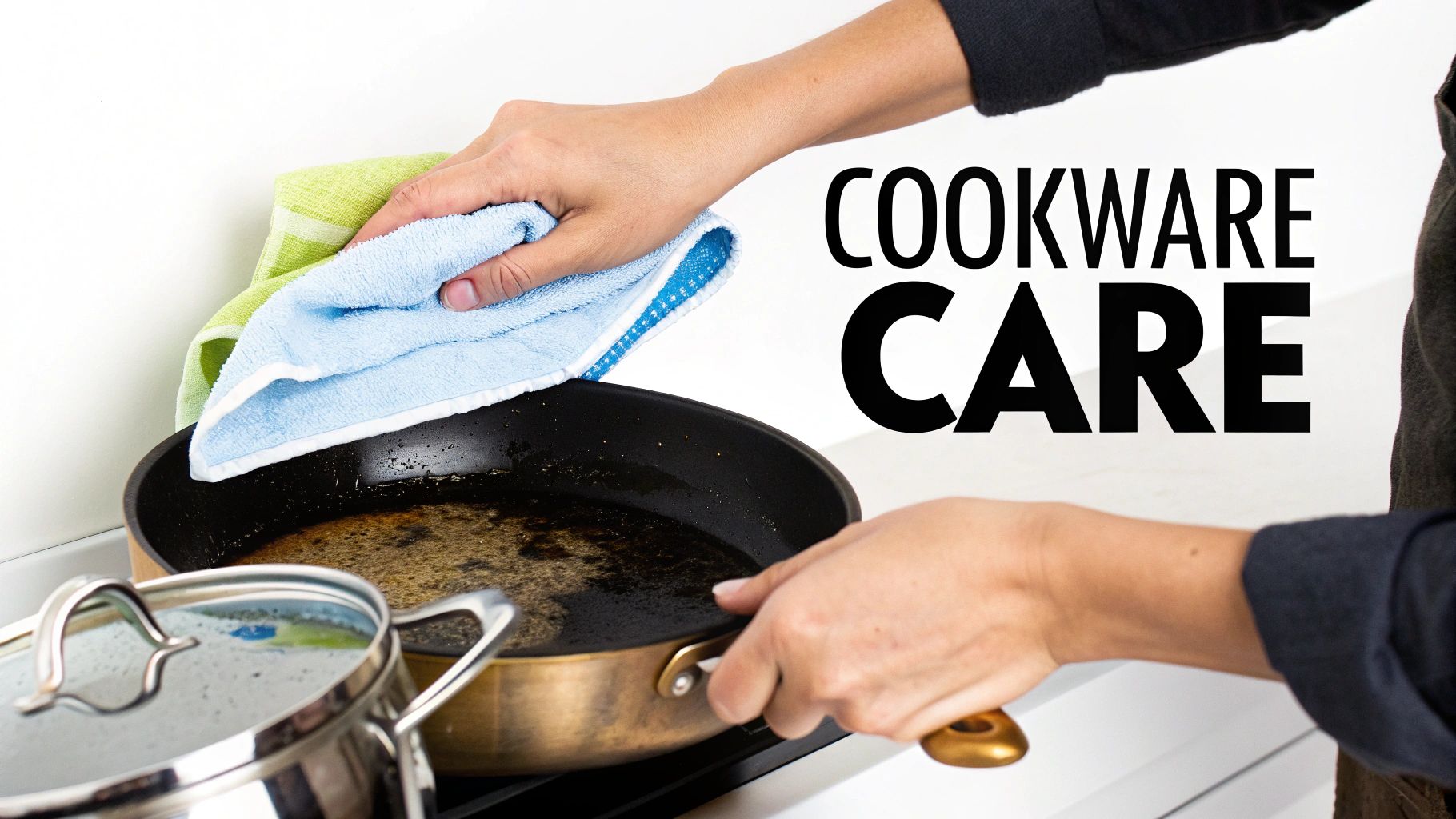A person cleaning a pot in a kitchen sink