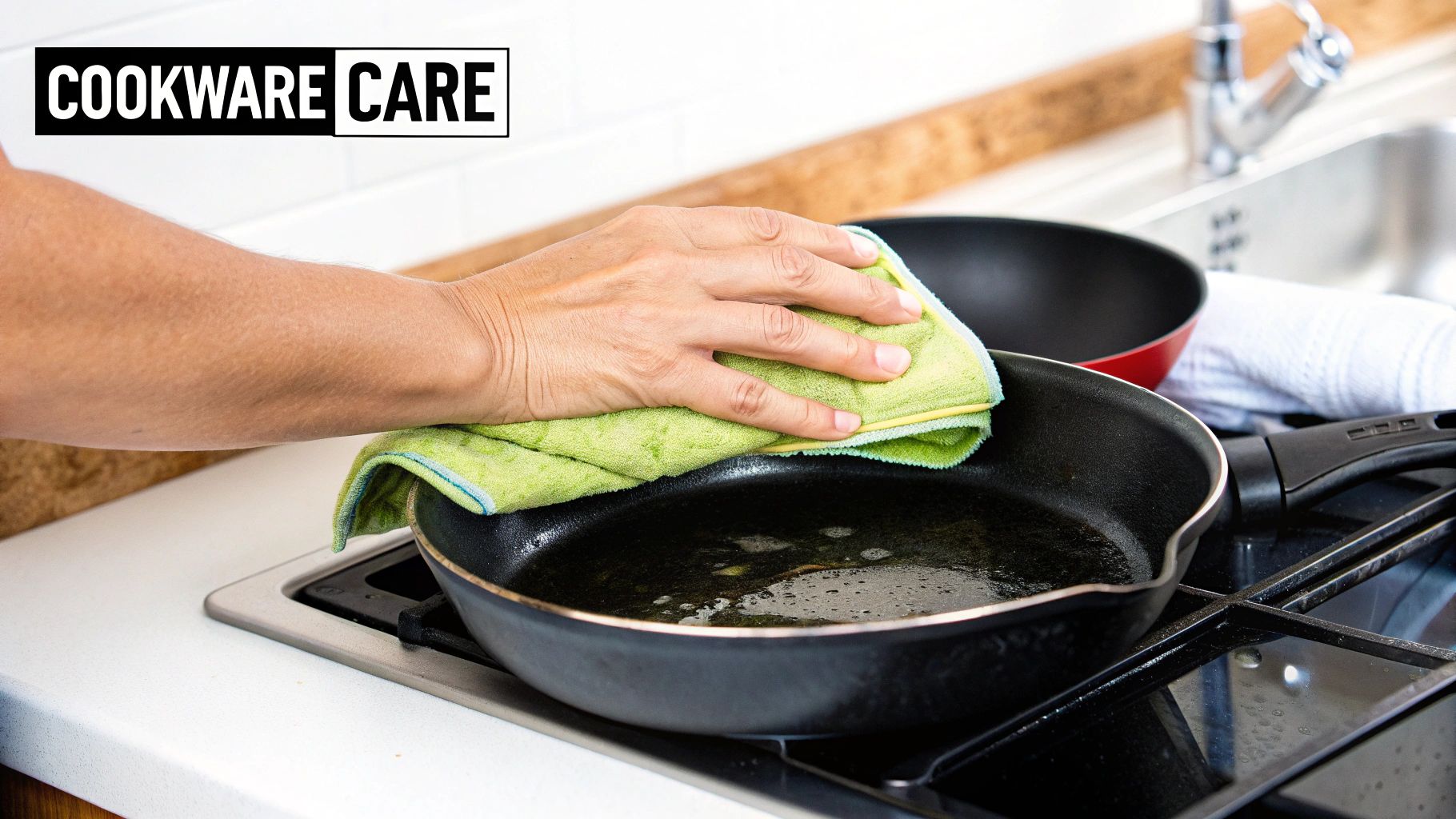 A person cleaning a pan in a kitchen sink