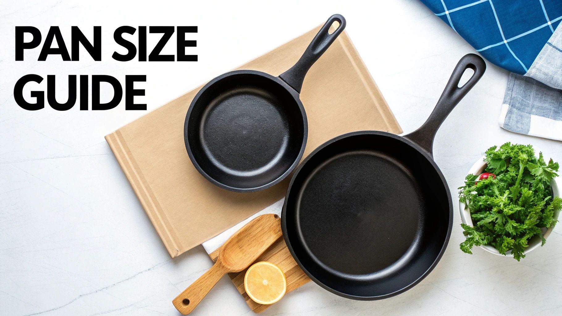 Overhead view of two black frying pans of different sizes, with a lemon, greens, and kitchen towel.