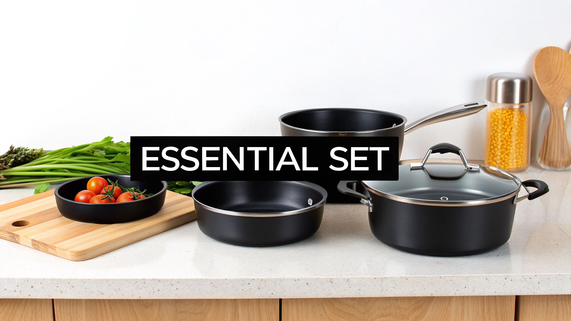 A black essential kitchen pan and pot set on a counter with fresh vegetables.